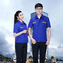 寶藍(lán)色滌棉拼色口袋細(xì)斜短袖工作服FY601