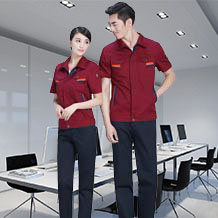 時尚藍灰色配桔色滌棉細紋短袖工作服FY604